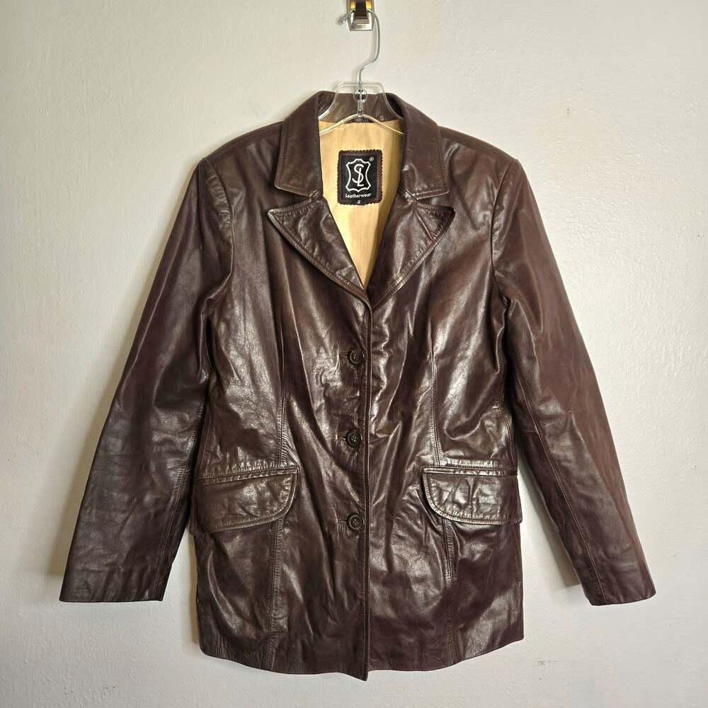 Vintage 90s SL Leatherwear Leather Jacket Chocolate Brown Button Front Small
